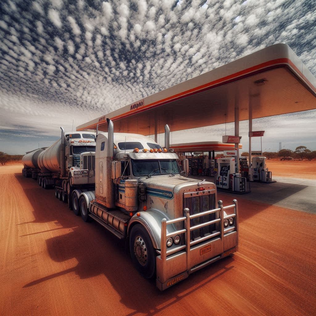 AI generated: An australian truck with two trailers at a gas station in the Outback, on a dusty road. Impressive l...