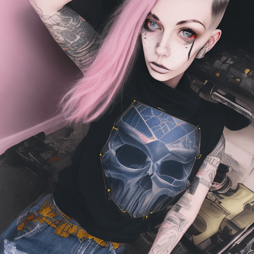 AI generated: Young, very thin, pale girl, toned up of light way, fighter, tattooed, very beautiful, of yellow lum...