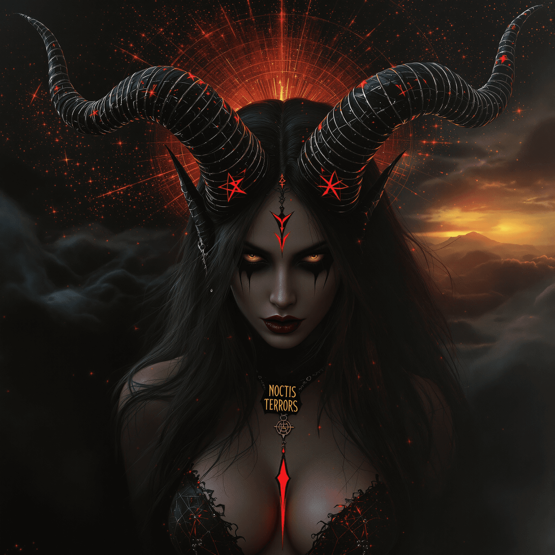 AI generated: A record-album cover, fantasy art, full body pose: A powerful yet vulnerable female demon, reminisce...