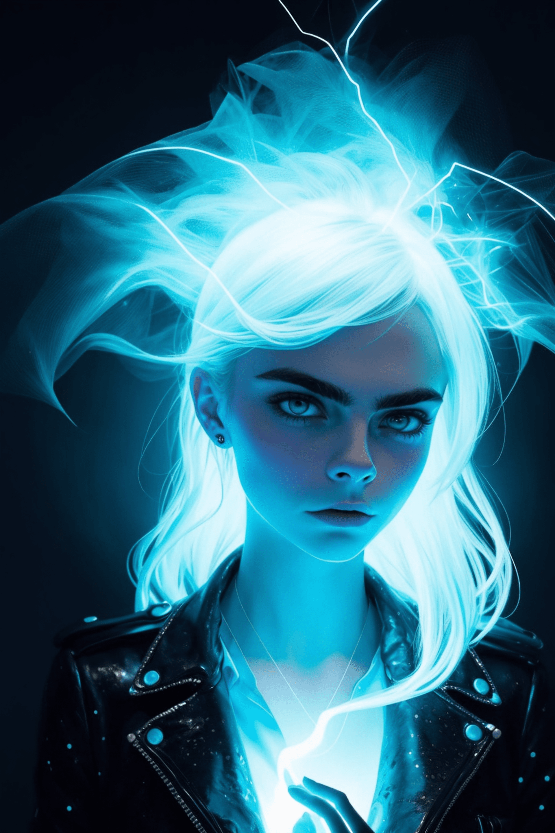 AI generated: Cara Delevingne, ((incorporeal)) ghost, surrounded by glowing fog, black backdrop background, dynami...