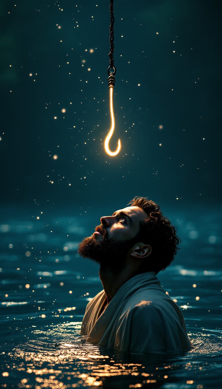 AI generated: A glowing fishing hook descends from above, cutting through the water toward the man. He looks up sl...