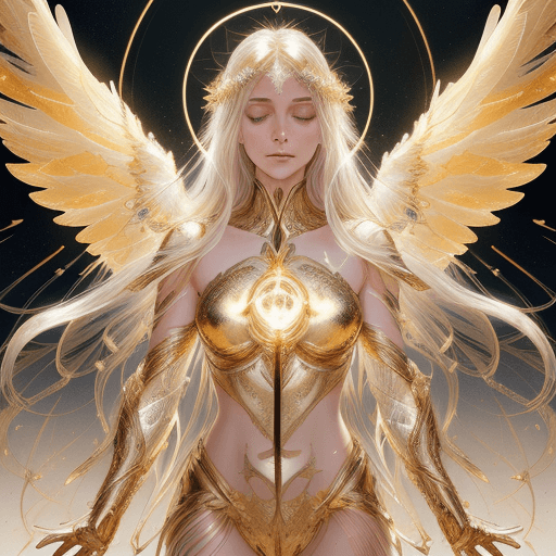 AI generated:  A visual stunning photography of an angel wearing gold and silver crystal armor, heaven background,...