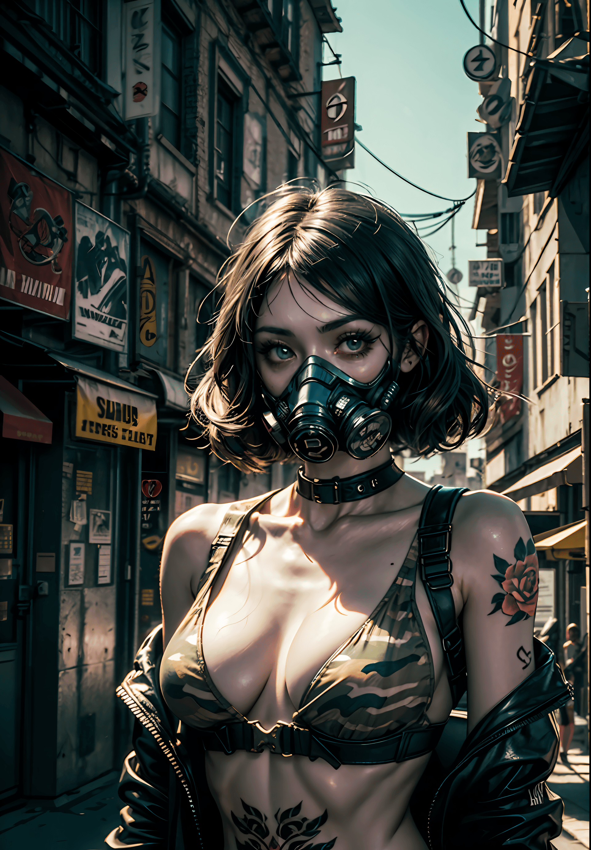 AI generated: masterpiece, mid shot, a woman with full flower tattoos and a gas mask, dynamic pose, cgsociety, jun...
