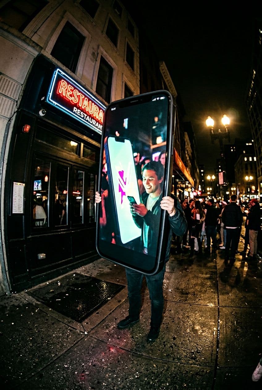 AI generated: urban restaurant exterior at night, harsh direct flash photography, gritty candid street scene

a pe...
