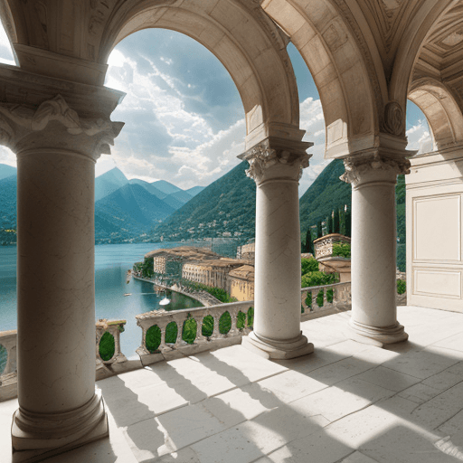 AI generated: A view of Lake Como from an old Italian villa with columns and arches, flowers in white on each side...