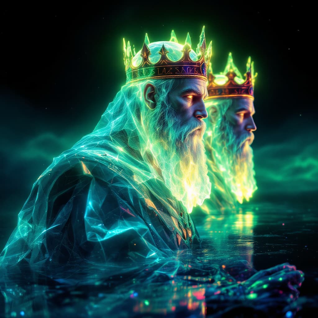 AI generated: Retrato etéreo de LOS TRES REYES MAGOS ,  transparente que  , brillando con un efecto bioluminiscent...