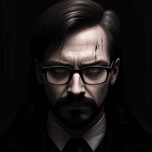 AI generated: digital wallpaper portrait of an anonymous, gentlemen face with black glasses, gloomy background, ho...