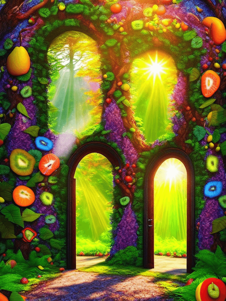 AI generated: a magical colorful summer forest inside the doorway, fruits planted on the trees, strong one sun shi...