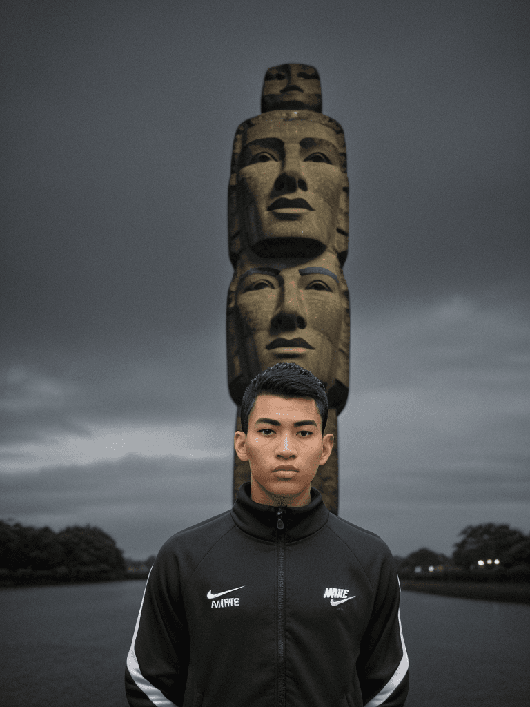 AI generated: young man moai head using nike tracksuit, accurate symmetry of the sky, night time, rainy day, polic...