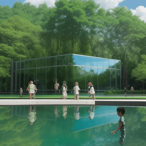 AI generated: A large glass building with a combination of greenery and trees with a sunny sky and a few clouds. C...