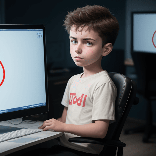 AI generated: a boy sitting on a chair is seeing the a ransomware attack on his  computer screen