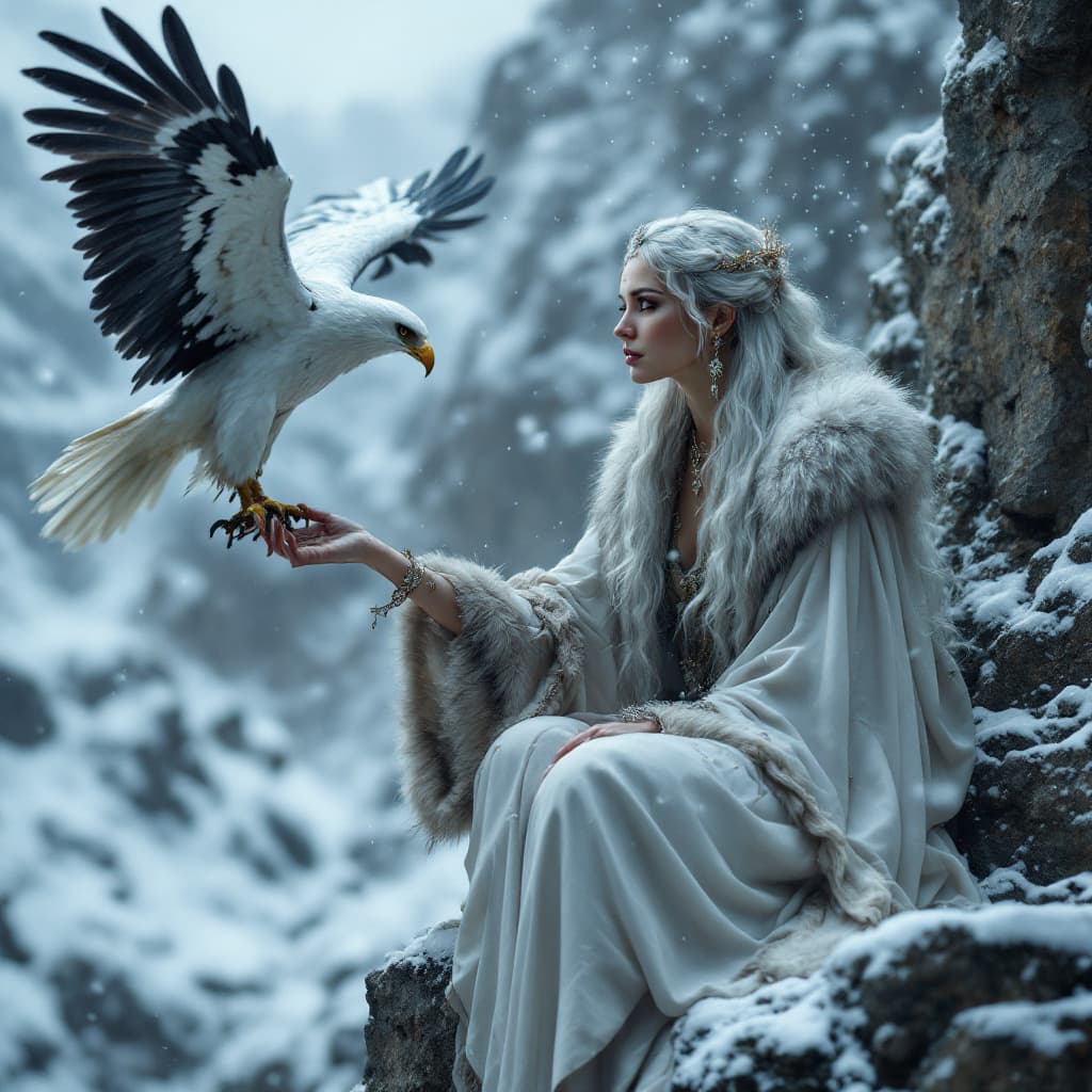 AI generated: The image depicts a mystical winter scene where a woman with long, silver-white hair, dressed in a f...