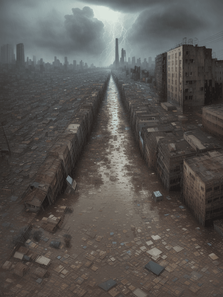AI generated: A heavy storm and flooding of a slum corner,iconic album covers,flood,
rain,typhon,
litter,intricate...