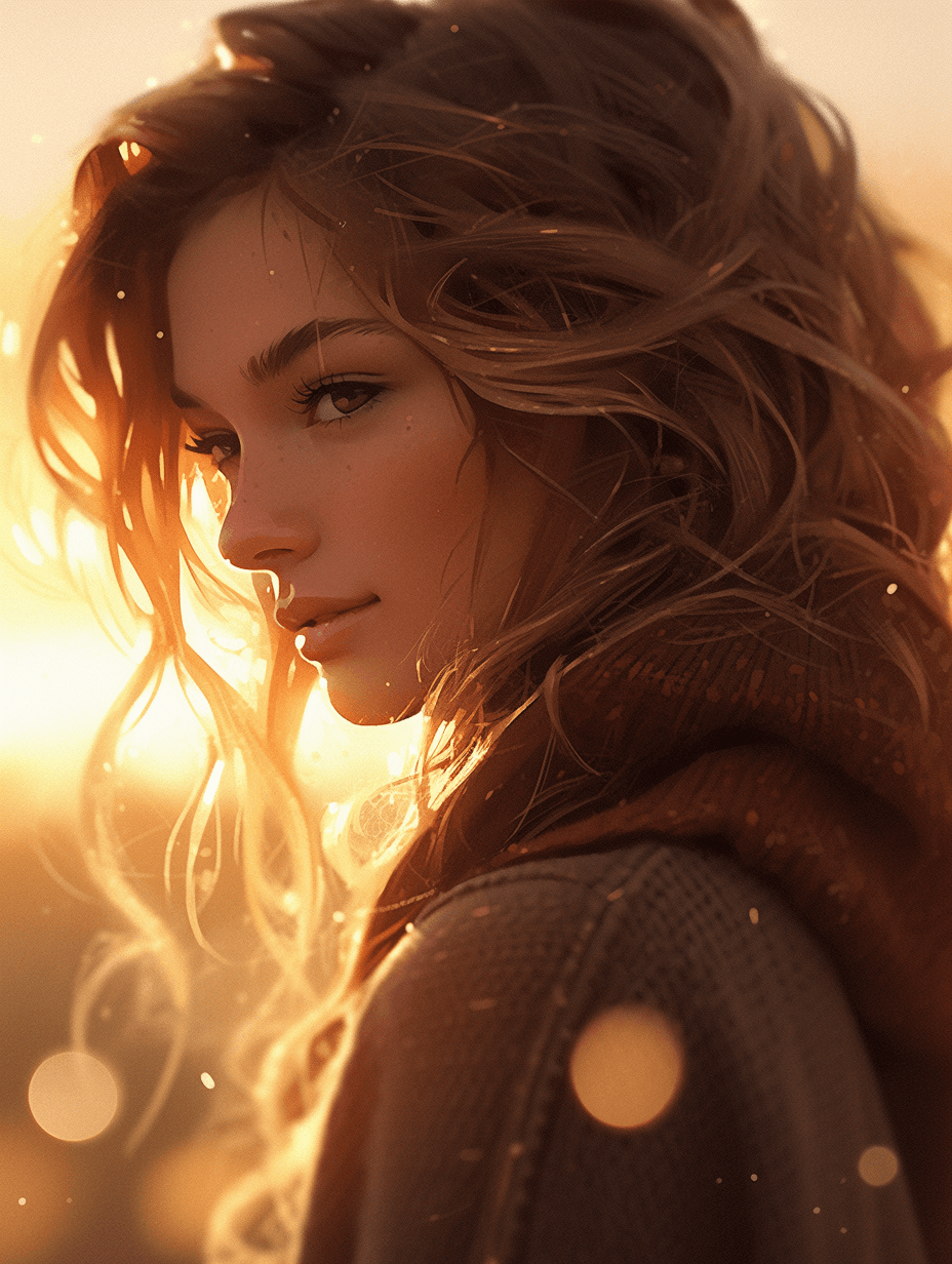 AI generated: Close-up photo shot of a radiant proud American girl looks up at the golden sun, with dewdrops spark...