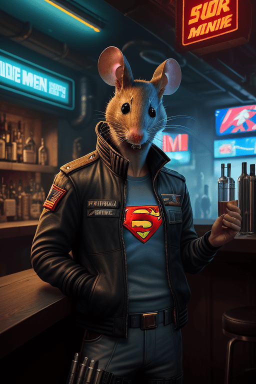 AI generated: A mouse is smoking in a bar, hyperrealistic futuristic soldier mouse wearing cyberpunk superman jack...
