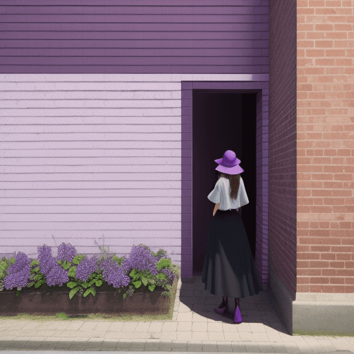 AI generated: woman seen from the back building a violet brick wall

