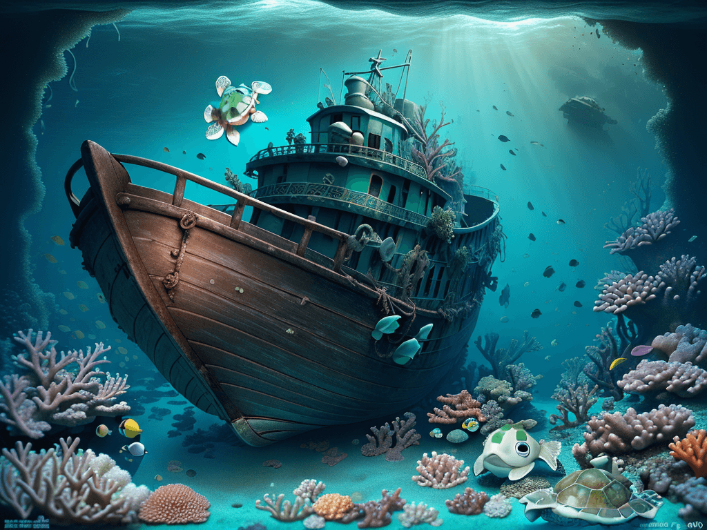 AI generated: a deeper dreamy little boat wreck, baby green turtle floating and looking at us, corals, sponges, lo...
