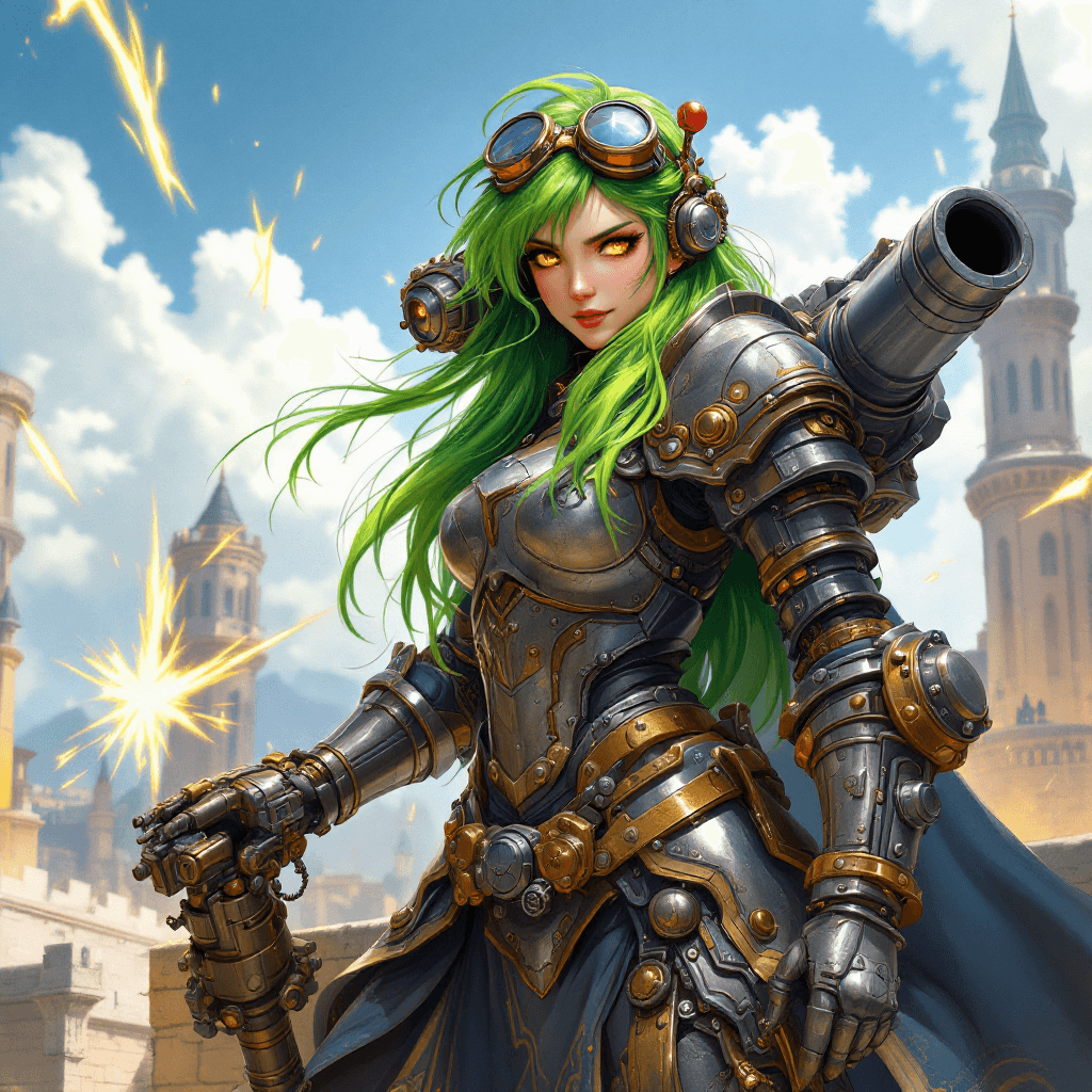 AI generated: The Steam-Powered Cannon Knight: A powerful warrior with long, vibrant green hair, styled in an extr...