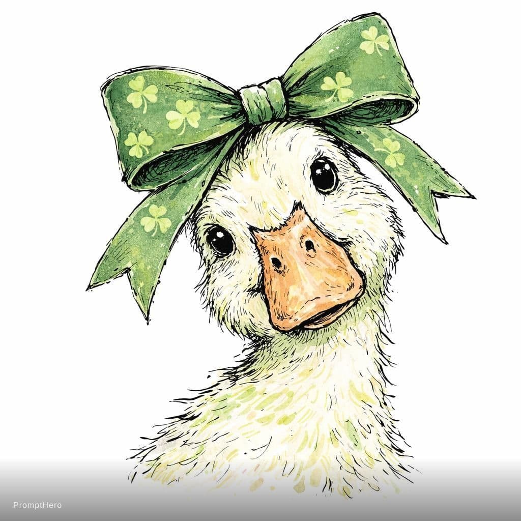 AI generated: trendy St Patrick's Day duck illustration, close portrait of an adorable duck tilting its head sligh...