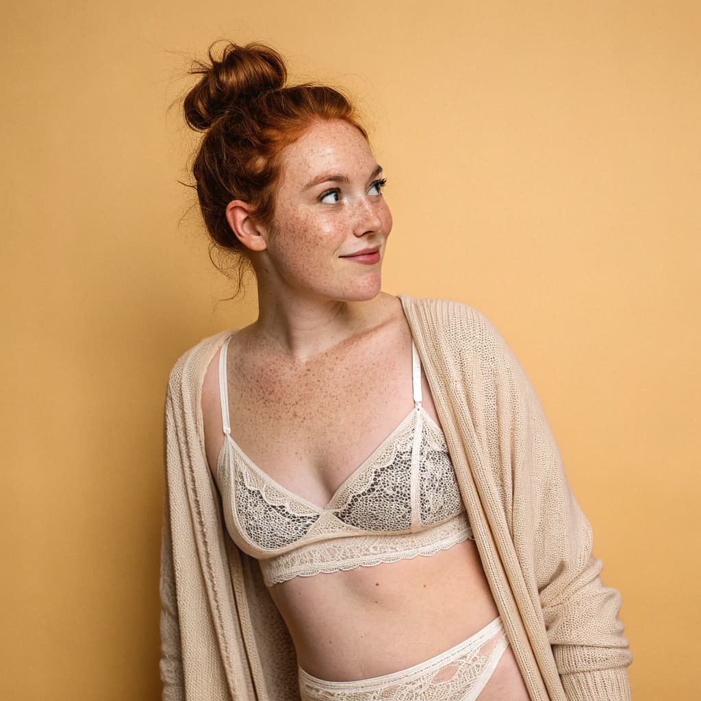 AI generated: A 29-year-old ginger woman with freckles only on her nose and cheeks, green eyes, and messy bun hair...