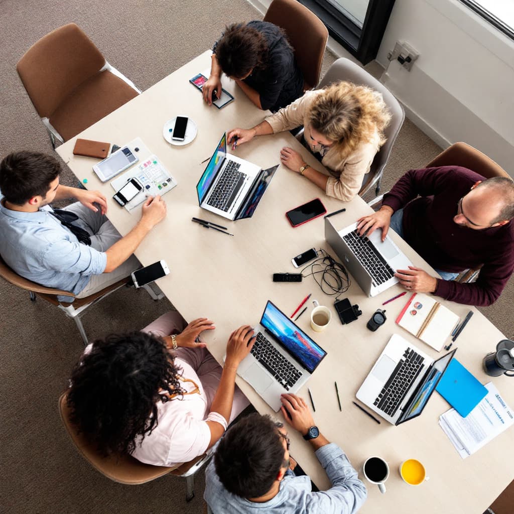 AI generated: people sitting down near table with assorted laptop computers