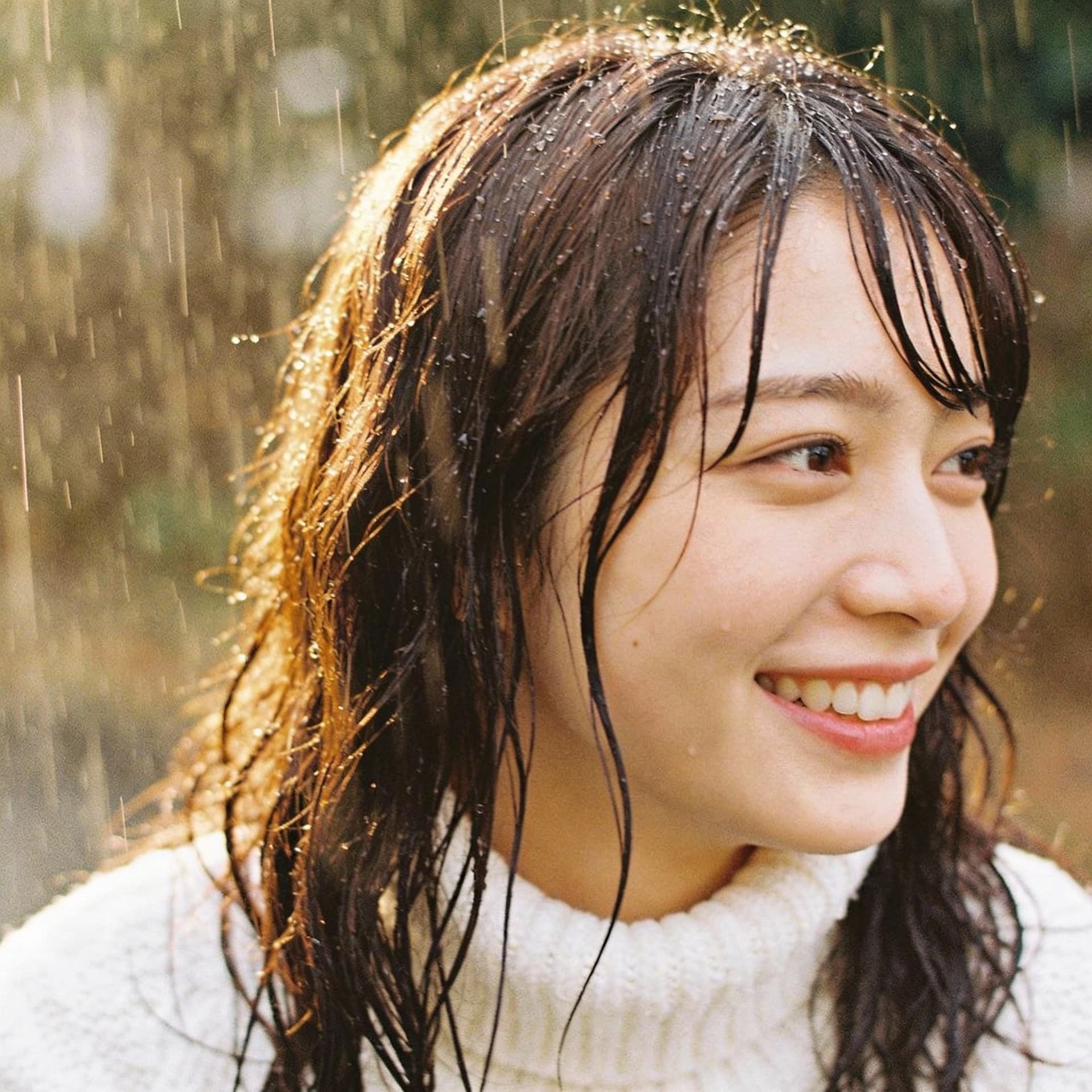 AI generated: The woman in the 35mm film photograph has long brunette hair that appears wet, suggesting it might b...