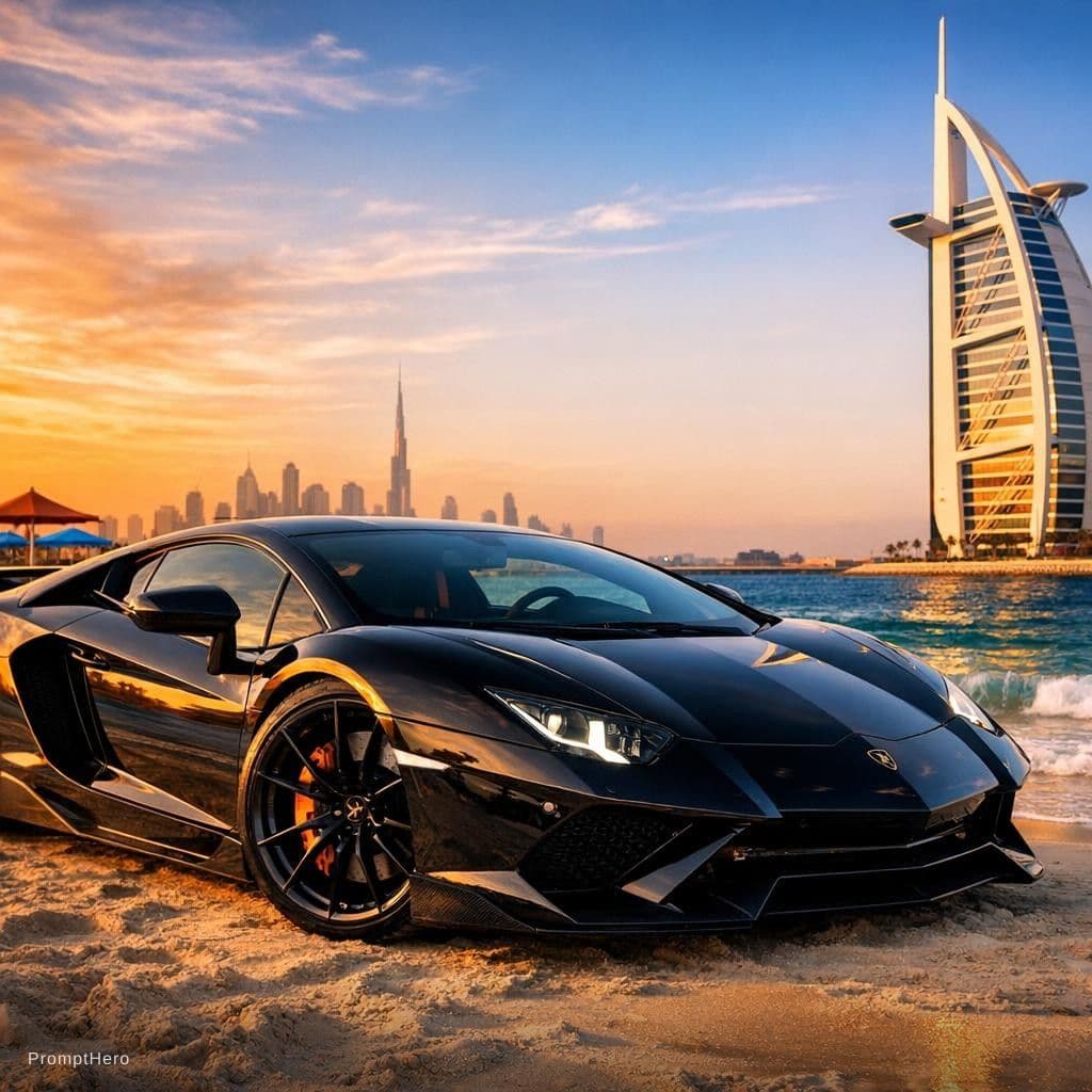 AI generated: erstelle mir ein sehr schnittiges, sportliches Auto,  dass schwarz ist und am strand in dubai steht ...