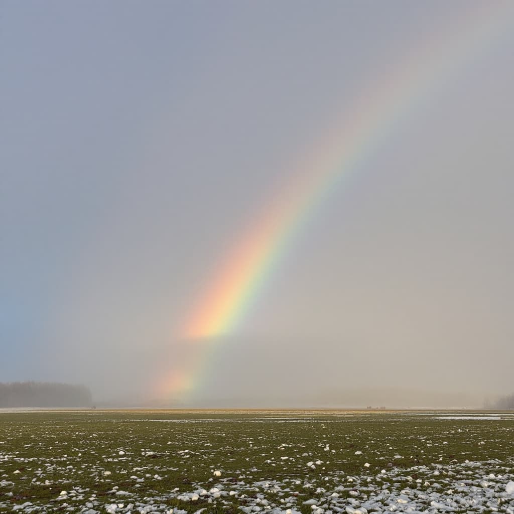 AI generated: 20.	"A rainbow forming through the mist of a recent hailstorm, over a field littered with shattered ...
