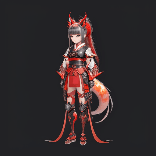 AI generated: a full body little girl pony tail hair , in a red and white outfit, onmyoji detailed art, kitsune in...