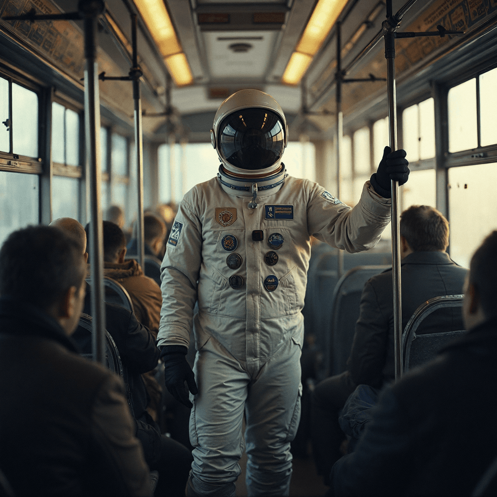 AI generated: early frosty morning in a crowded bus soviet era, pushing between bulging winter clothes in the cent...