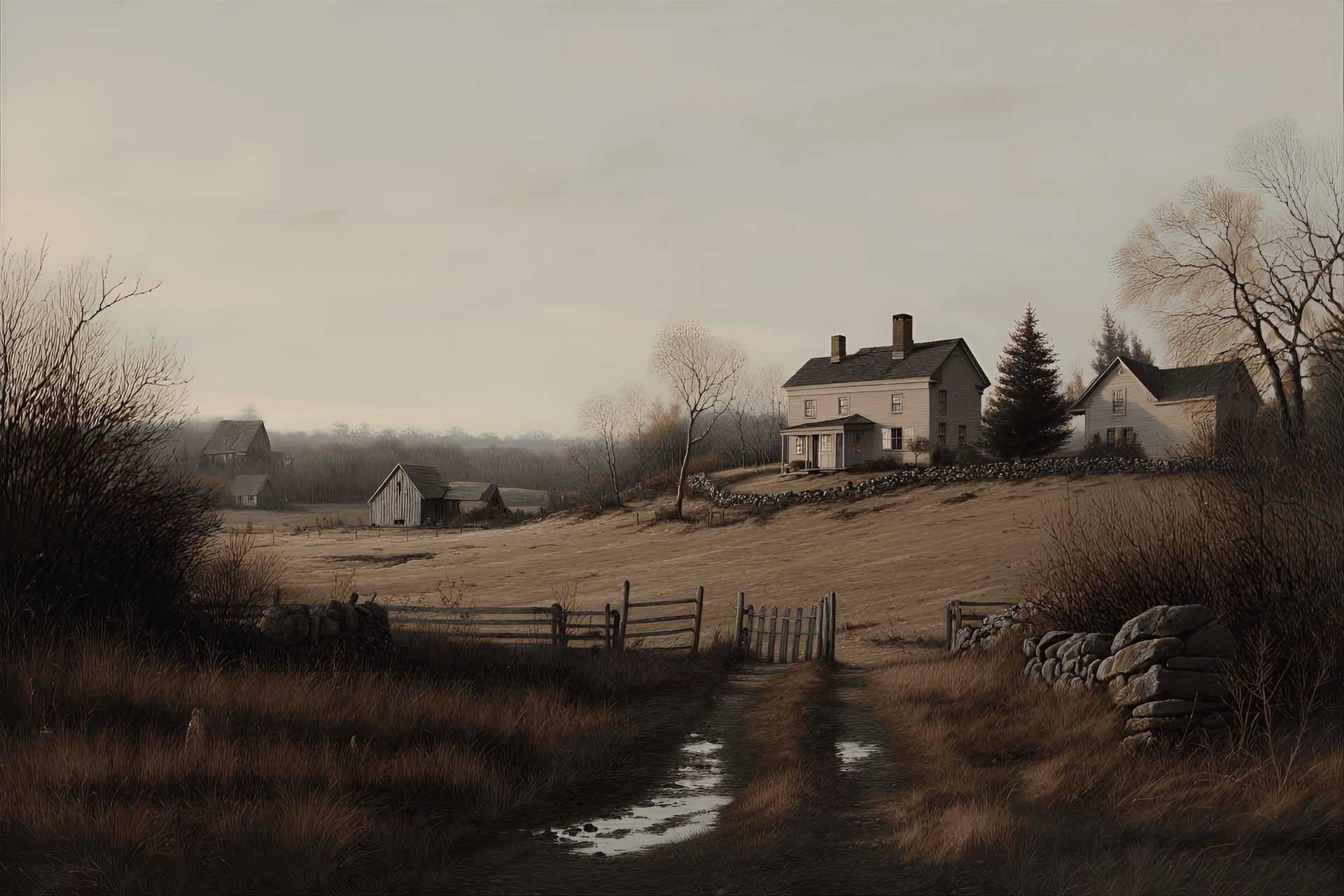 AI generated: serene scene featuring a
countryside farm in the morning, with a muted color
palette and drybrush ...