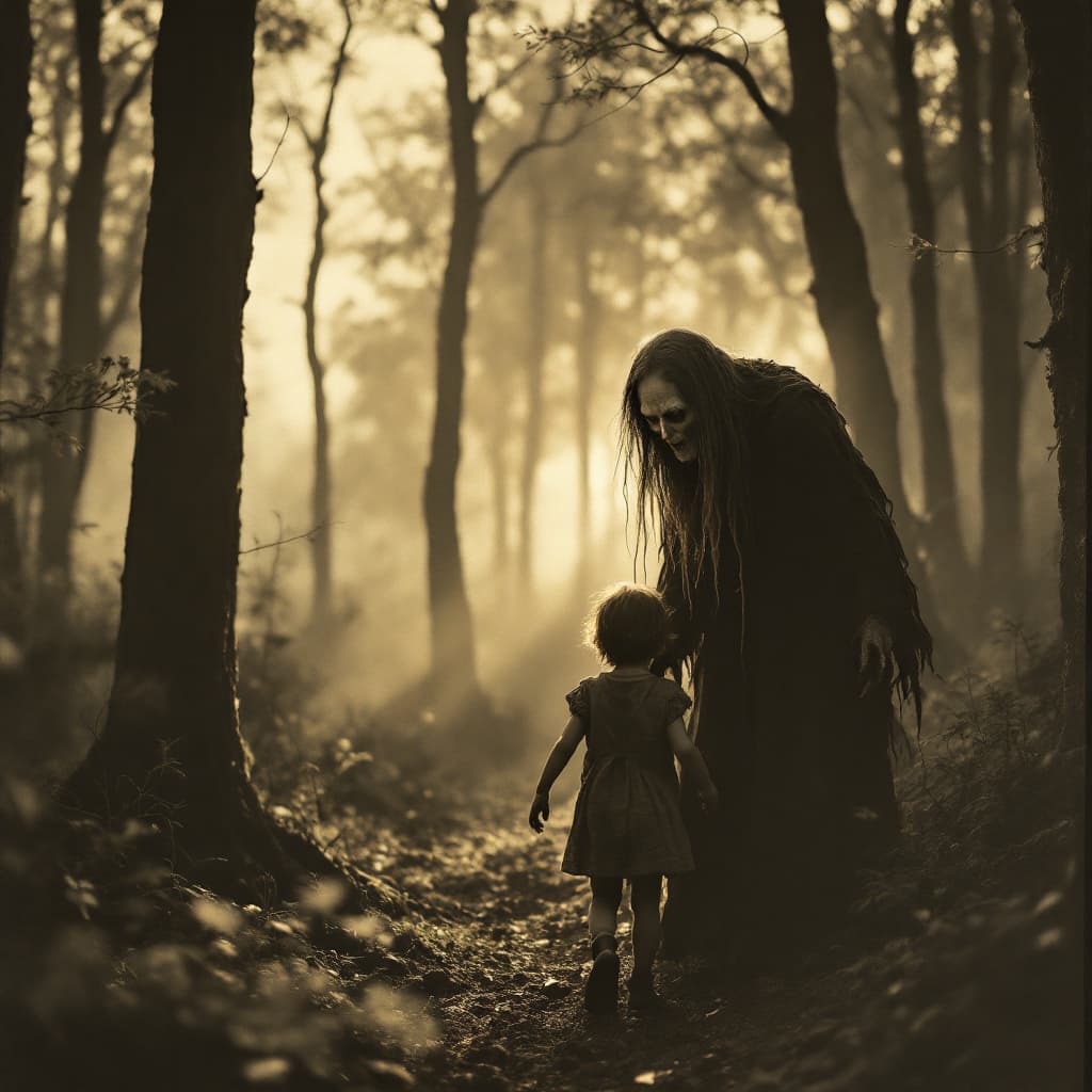 AI generated: vintage sepia style photo of an old hag leading a young child into the forest. Filmed by george a. r...