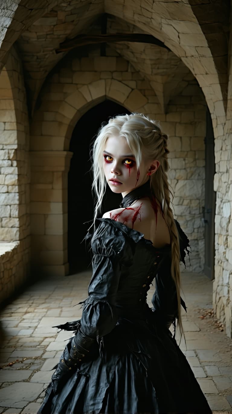 AI generated: A professional photo of a realistic exceptionally beautiful tween christina vampire, standing in a o...