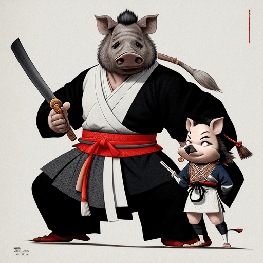 AI generated: artwork by Stan Sakai, anthropomorphic wild pig, samurai, black and white