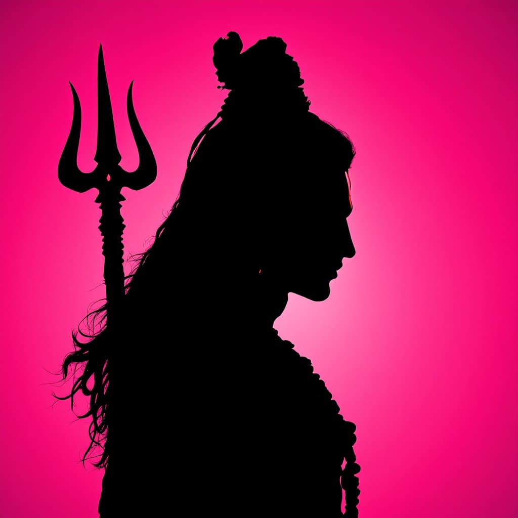 AI generated: photography, portrait of contrast, profile silhouette of lord shiva with Trishul (trident) , vibrant...