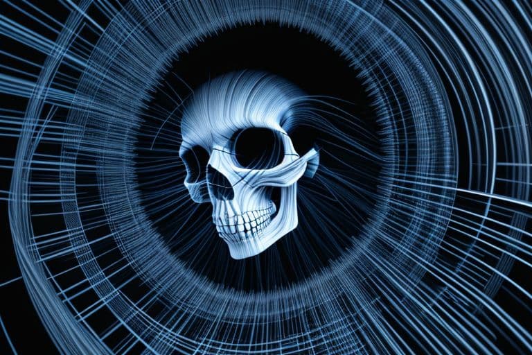 AI generated: the skull is distorted by the twists and turns of a woman with dark hair, in the style of neon impre...