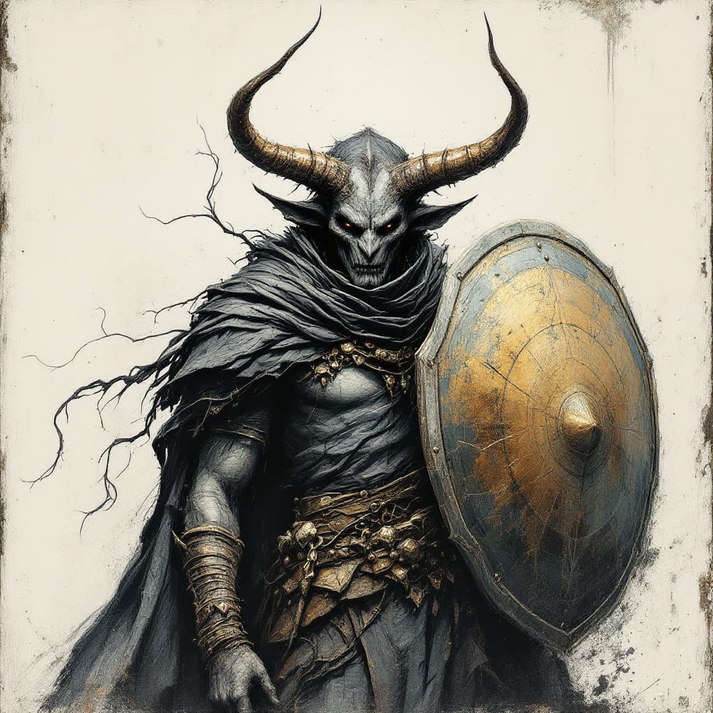 AI generated: a drawing of a demon with shield and cloak, in the style of adventure pulp, dark white and bronze, m...