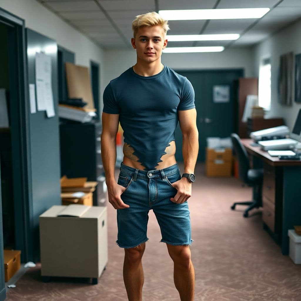AI generated: Handsome 20-year-old male bodybuilder, with platinum blonde hair, wearing tiny cut off denim shorts ...