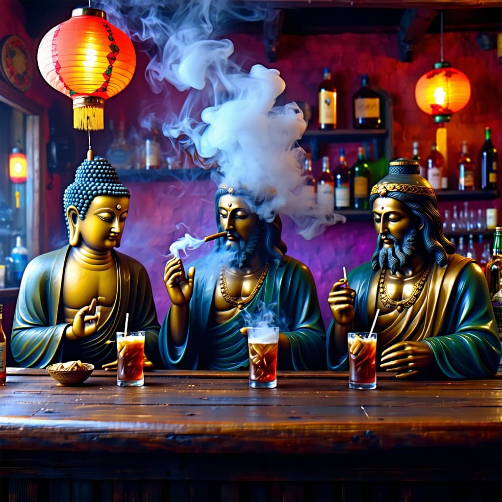 AI generated: Psychedelic, surreal. high resolution photography, front shot of, Buddha, Jesus, and Mohammad, all s...