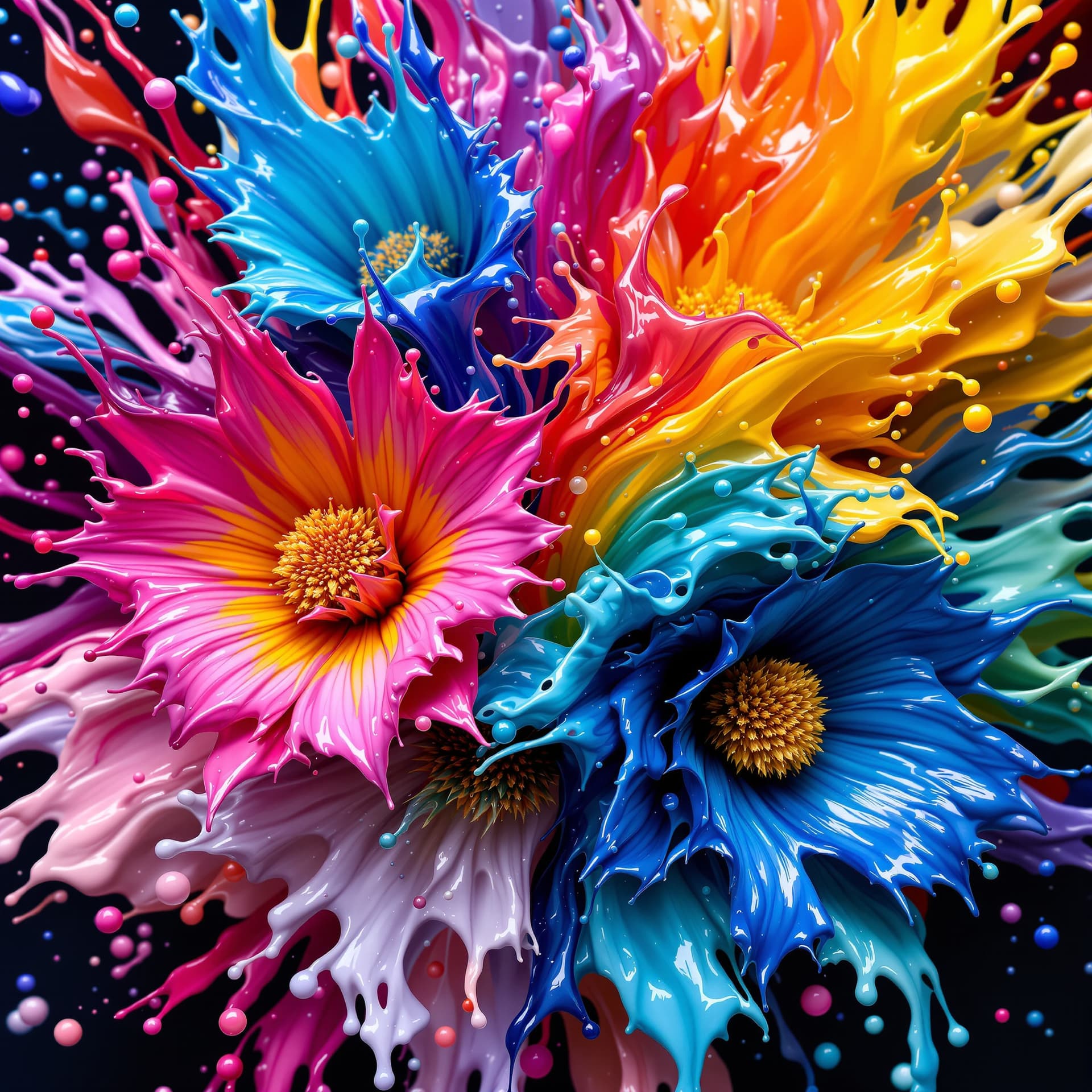 AI generated: 3d flowers made of fluids liquid paint vivid and multicolored wet look joined to form an artful spec...