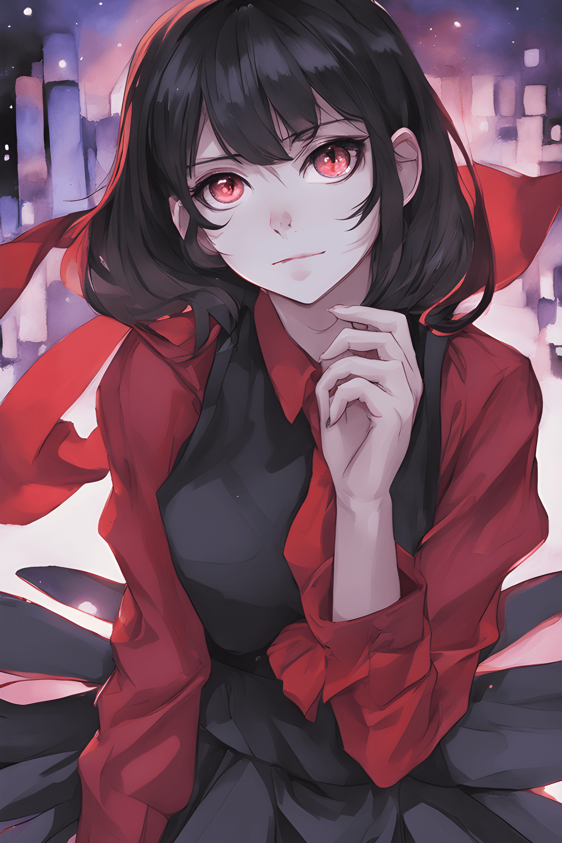 AI generated: 2d, anime art, masterpiece, best quality, absurdres, darkness
girl, ame-chan, red shirt, black skir...
