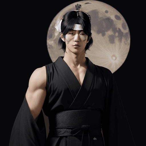AI generated:  A tall, broad shouldered, japanese, muscular man. He has a black blindfold on and a crescent moon h...