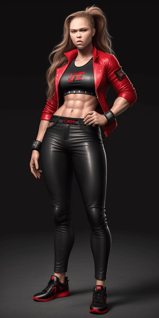 AI generated: Ronda Rousey, (red jacket:1. 4), (black pants:1. 5), (long hair:1. 4), black shoes, leather outfit, ...