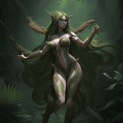 AI generated: Massive detailed animated masterpiece of DnD race wood elf, jungle huntress lady full body, very lon...