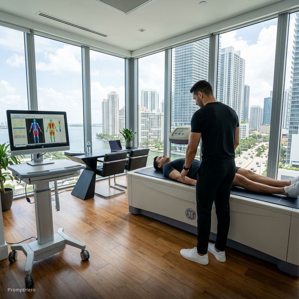 AI generated: RAW photo, wide angle shot, luxury Brickell Miami high-rise 
medical fitness office, DEXA scan room....