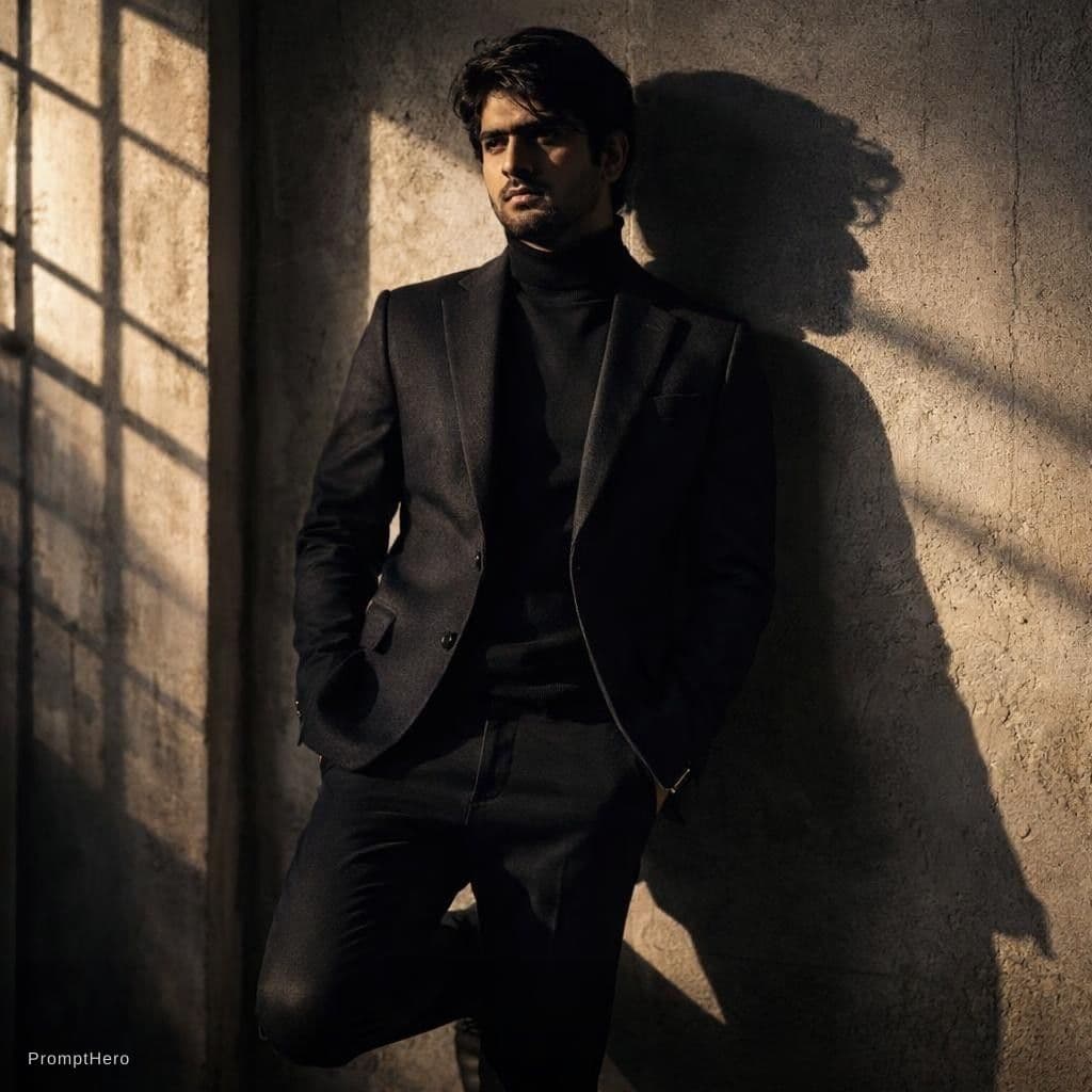 AI generated: this as A man in a tailored black
blazer and turtleneck stands against a
concrete wall. One foot u...