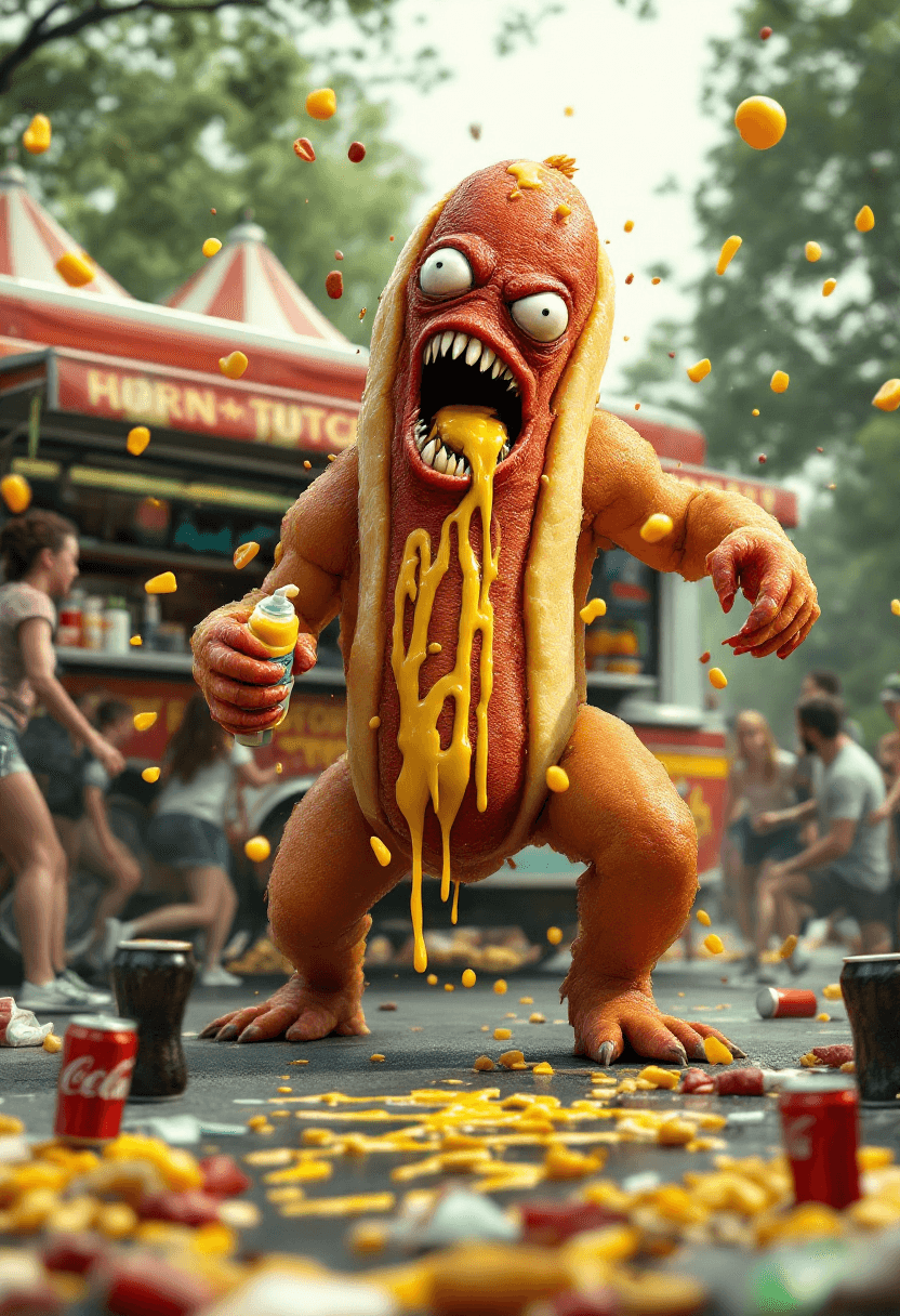 AI generated: A 3D (8K) photorealistic (hyper- detailed) image of a full body, monster (((corn dog))).  It has sha...
