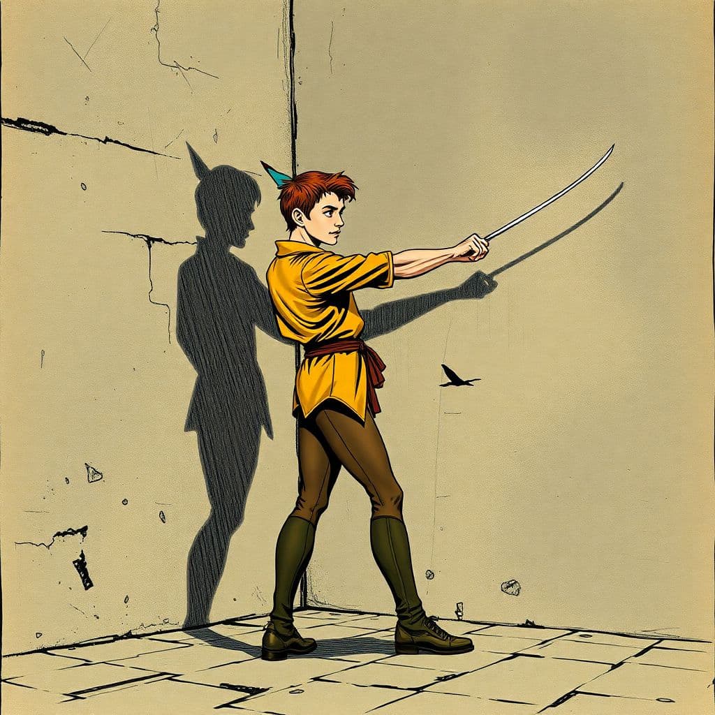 AI generated: Photorealistic comic book cover illustration, full body shot of peter pan fencing with his shadow ag...