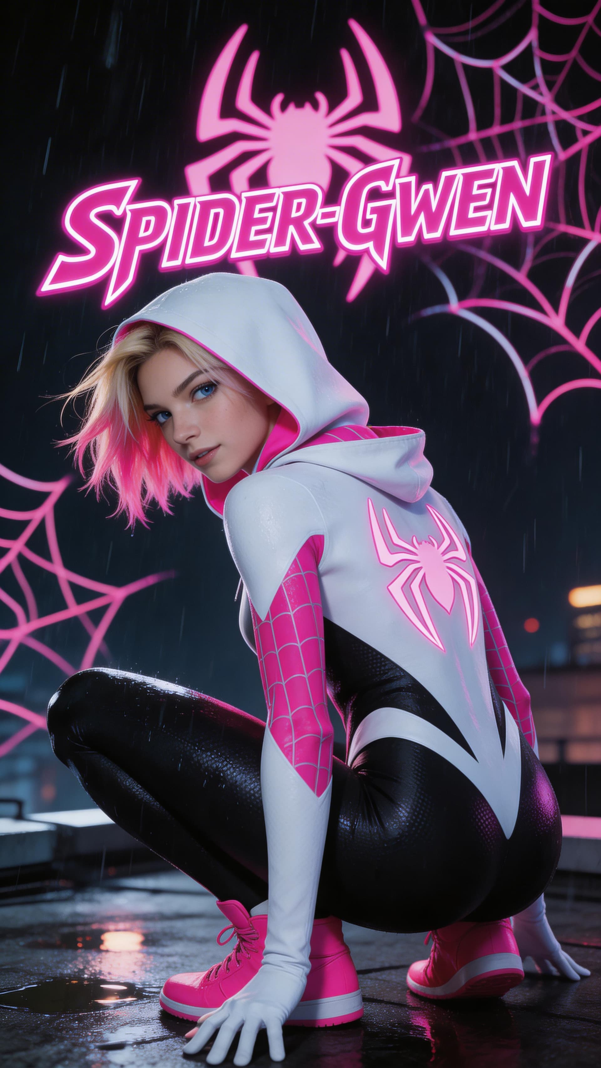 AI generated: An extremely detailed, high resolution, realistic photograph of Spider-Gwen crouching on a rain-soak...