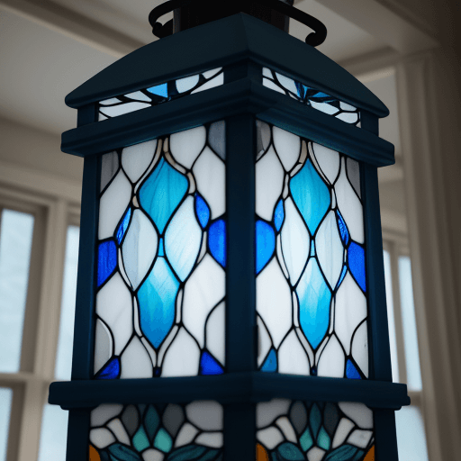 AI generated: photo of a glass lantern window from inside of the building with a color combination of blue white